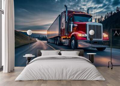 Transportation logistics at golden hour with semi-truck on highway, fast delivery, commercial freight, road travel, industry, sunset, dynamic. Wall mural