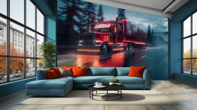 Truck Transportation logistics at dusk: A red semi with illuminated lights streaks through the city's veins, mirroring the relentless pace of supply chain operations in urban landscapes Wall mural