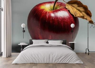 A single rustic apple on a transparent background, deep earthy red with natural imperfections, matte texture, a rough stem with a dry leaf attached, evoking a handmade, organic feel, as if freshly pic Wall mural