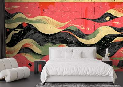 Abstract waves of black, green, and beige flow across vibrant red background, creating dynamic and energetic composition. textured patterns and splashes of color add depth and movement Wall mural