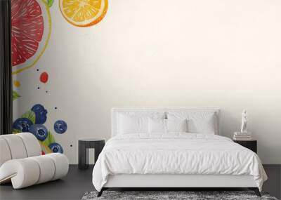 Background with a recipe card and subtle, delicate illustrations of fresh fruits like strawberries, blueberries, and a citrus slice, emphasizing fresh and healthy recipes. Wall mural