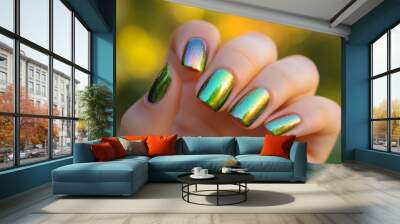 hand with vibrant, multicolored holographic nail polish is shown against blurred natural background, creating striking and stylish effect Wall mural