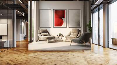 Interior of modern living room with two armchairs and poster on wall. 3d render Wall mural