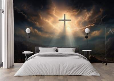 Sacred Crucifixion Scene: Illuminated Holy Cross Representing the Death and Resurrection of Jesus Christ, with a Heavenly Sky Over Golgotha Hill Enveloped in Light and Clouds Wall mural