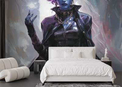 A female elf with blue skin and purple hair in a black coat holding a glowing orb. Wall mural