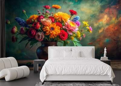 A beautiful still life arrangement with vibrant flowers in a vintage vase , flowers, botanical, bouquet, petals, bloom Wall mural