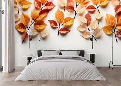 Paper cut decoration branches of yellow and green leaves on white background Wall mural