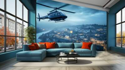 A helicopter flying over a cityscape at dusk, showcasing urban lights and a dramatic sky. Wall mural