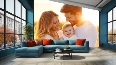 A joyful family moment captured in the golden light of sunset, showcasing love and happiness among parents and their baby. Wall mural