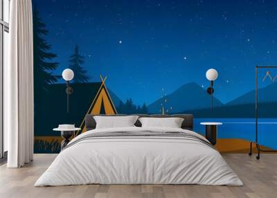 A peaceful campsite by a serene lake under a starry sky, featuring a cozy tent and a glowing campfire. Wall mural