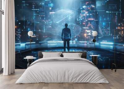 A person stands in a futuristic digital cityscape surrounded by holographic interfaces and neon lights, symbolizing technology and innovation. Wall mural