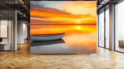 A tranquil sunset over calm waters with a white boat silhouetted against vibrant orange and yellow hues. Wall mural