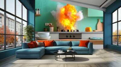 A vibrant kitchen scene featuring a sudden explosion on the stove, showcasing the unpredictability of home cooking. Wall mural