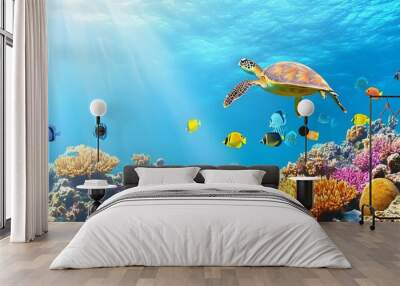 A vibrant underwater scene featuring a turtle swimming among colorful coral and tropical fish in clear blue water. Wall mural