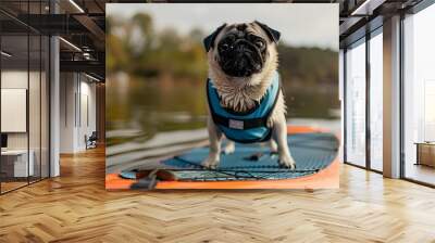 A vigilant pug dog stands on a paddleboard in a lake, wearing a blue life jacket, ready for adventure. Wall mural