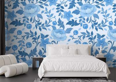 Blue monochrome  flower ornament seamless pattern. Wall mural