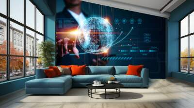 Businessman hand holding the earth global virtual shown corporate future growth year 2023 to 2024. New Goals with Plans and Visions for Next Year 2024, Opportunity, challenge and business strategy. Wall mural