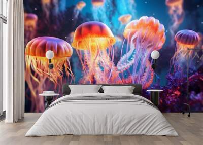 Colorful fantasy jellyfish Abstract biological background. Generative Ai Wall mural