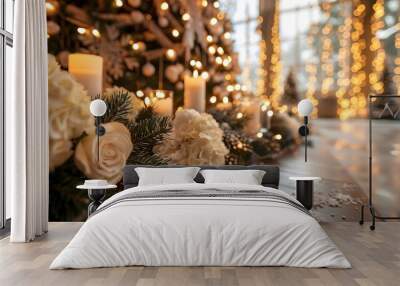 Cozy and Elegant Winter Wedding Setup with Pine Branches Fairy Lights and White Flowers Wall mural