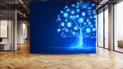 Digital tree with blue technology icons Wall mural