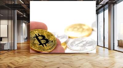 Golden bit coin on investor hand on white background Wall mural