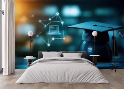 Graduation cap with digital elements, symbolizing academic achievement. Wall mural