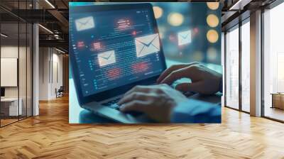 Hands typing on laptop with email notifications and code visible on screen. Wall mural