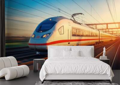 High-speed train traveling along tracks during sunset, motion blur effect. Wall mural