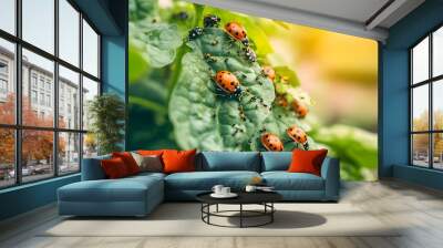 Ladybugs crawling on green leaves in natural sunlight. Wall mural