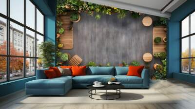 Lush green garden with patio furniture Wall mural