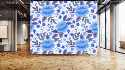 Monochrome blue flowers and leaves seamless pattern texture wallpaper background. Wall mural