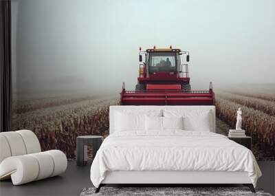 Red tractor on foggy field, harvesting crops during early morning. Wall mural