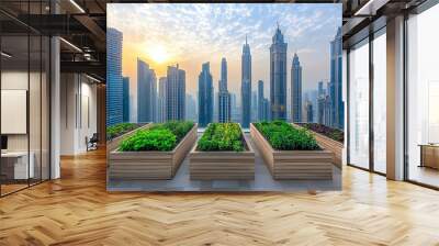 Rooftop garden with modern city skyline at sunrise, serene urban landscape Wall mural