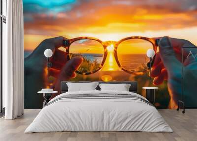 Sunglasses Framing the Tranquil Sunset Serenity of a Summer Twilight Scene Wall mural