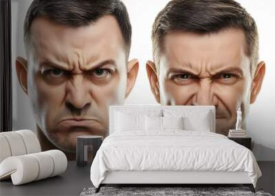 Two contrasting facial expressions depicting anger and frustration. Wall mural