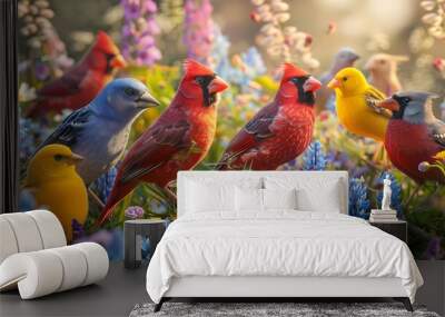 Vibrant Meadow Scene with Diverse Colorful Birds Amidst Blooming Flowers Wall mural