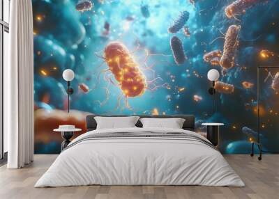 Vibrant microscopic view of bacteria in a dynamic environment, showcasing intricate details and glowing effects. Wall mural