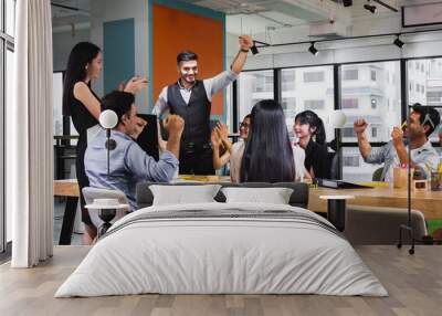 business team celebrate together in office, teamwork success win strategie meeting table Wall mural