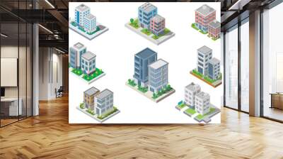 Set of Isometric Building vector.They are on Yard.The river with road and trees. building 3d , smart city, Vector office and town apartment concept. Wall mural