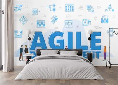 agile development concept with big words and people surrounded by related icon with blue color style Wall mural