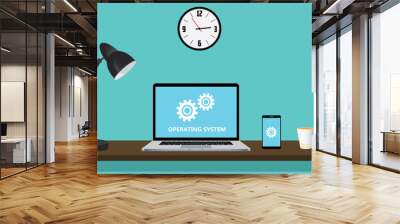 os operating system computer with gear and notebook on workdesk vector graphic illustration Wall mural