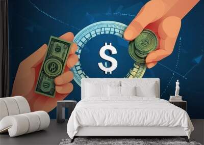 Abstract money exchange, Two hands holding digital coin with circular arrows, Cashback or cash return metaphor, Money transfer or return, Low poly vector illustration with 3D effect on blue background Wall mural