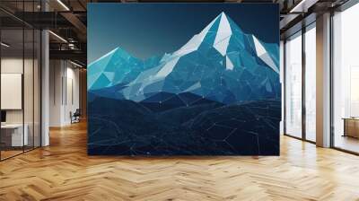 Abstract mountain with a path to the top, Way to goal in digital futuristic style on a blue technology background, Vector illustration of success achievement concept. Low Poly wireframe flag and ridge Wall mural