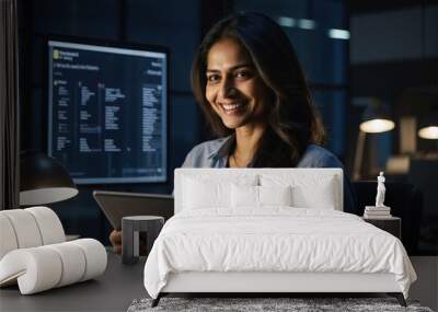 Smile and tablet with business indian woman in office at night for project management, Administration, design and desk with happy employee in creative agency or workplace for development  Wall mural