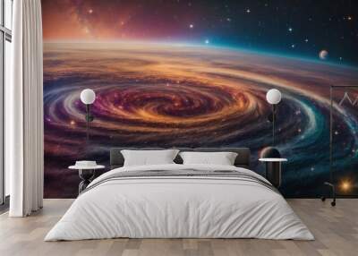 the vastness of space with a stunning astronomy concept backdrop, featuring swirling galaxies and sparkling stars in a range of vibrant colors Wall mural