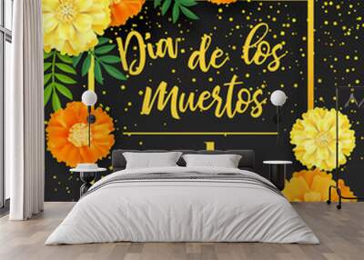 festive flyer of day of the dead sale. dark background with yellow marigold and golden confetti. vec Wall mural