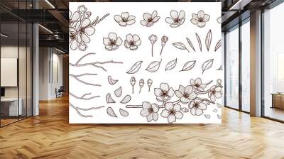 Hand drawn spring flowers blossoming set. Sakura flowers,buds, leaves and branches isolated on white background.Cherry ,plums,apple tree blossom elements bundle . Vector illustration. Wall mural