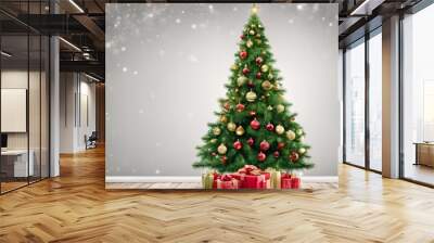 Christmas and New Year, a beautiful setting of the New Year's table in red, against the background of a decorated Christmas tree and a window with a winter landscape. Wall mural