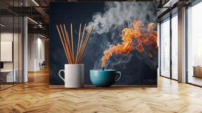 Incense sticks with smoke, incense sticks with candles, Hand holding incense sticks for worship, Close up shot Wall mural