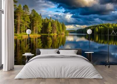  scandinavian lake scenery dark shadows forest at background
 Wall mural